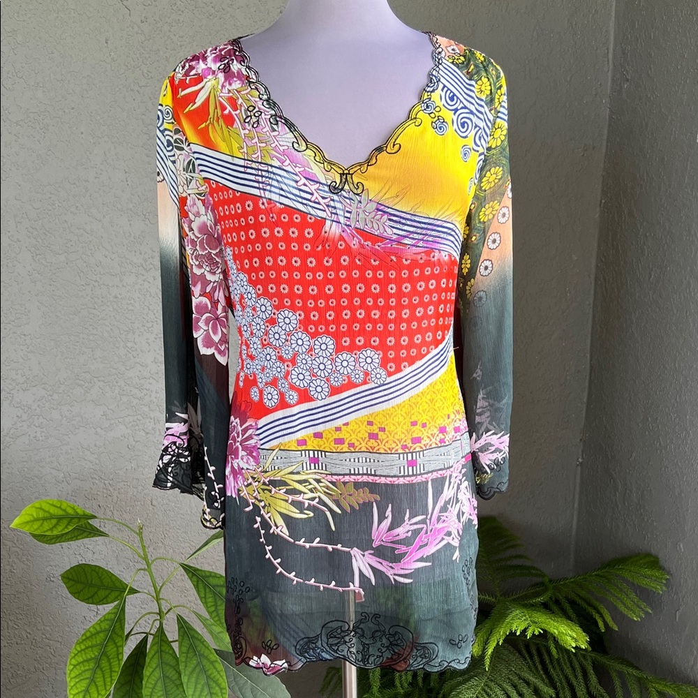 Mushka by Sienna Rose Tunic Top - Tag Size L Vibrant Asian & Floral Chiffon